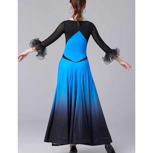 Women girls blue orange ballroom dance dresses  waltz tango foxtrot long flare mesh sleeves rhythm smooth dancing long gown for female