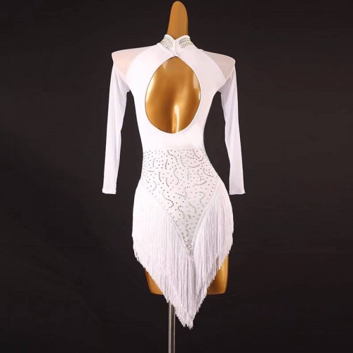 Fringe latin dance dresses for women girls white black red orange yellow blue competition long sleeves salsa rumba chacha rhythm dancing costumes for female
