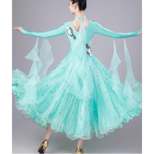 Mint green ballroom dance dresses for women girls Embroied flowers waltz tango foxtrot smooth flamenco dance long gown for female