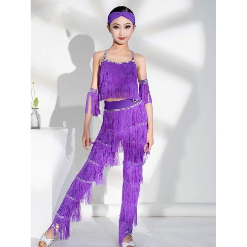 Fuchsia purple fringe competition latin dance dresses for girls kids juvenile ballroom latin salsa rumba stage performance tops and long pants modern dance outfits for girls