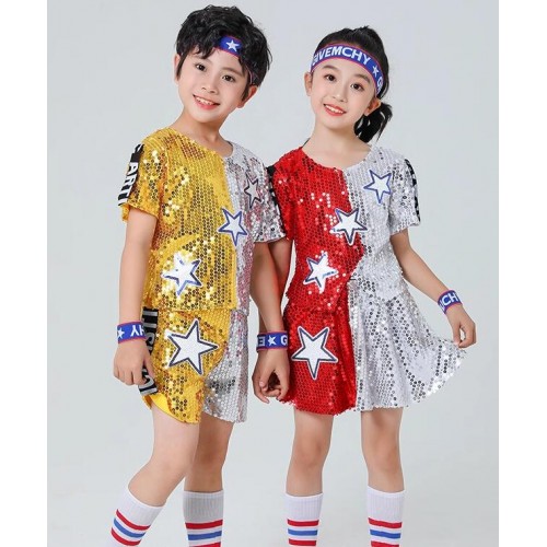 Children gold silver red green sequins cheerleading performance uniforms for Boys Girls hip-hop street rapper singers jazz dance costumes Modern dance outfits for kids