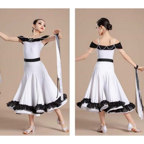 Girls kids black with white lace ballroom dance dresses children waltz tango foxtrot smooth dancing long gown for Girl