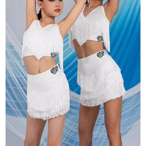 Girls kids white fuchsia fringe competition latin dance dresses for children salsa rumba chacha ballroom dancing costumes for Girls