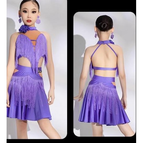 Orange lavender green fringe latin dance dresses for girls kids salsa rumba ballroom latin competition wear for kids