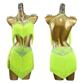 Customized Fluorescent yellow competition latin dance dresses for women girls salsa rumba chacha tassels performance bling costumes for female