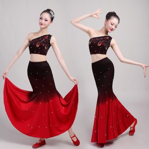 Adult  black with red gradient Thai Dai peacock dance performance dress chinese folk Dai dance hip practice fishtail skirt gradient performance clothing
