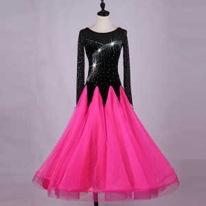 Adult children ballroom dancing dresses pink with black rhinestones long length waltz tango competition dancing dresses