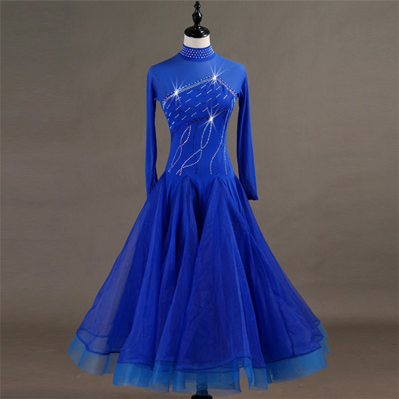 Adult children ballroom dancing dresses professional competition royal blue waltz tango long length big skirt dress