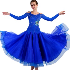 adult children girls Ballroom dancing dresses  competition professional royal blue long sleeves waltz tango dancing dresses 