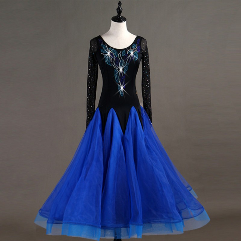 Adult girls ballroom dancing dresses for women black with royal blue stones competition stage performance waltz tango long length skirt dresses
