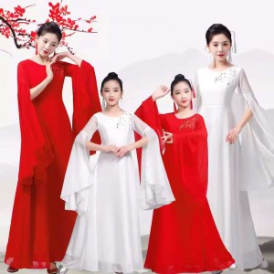 Adult Kids fairy hanfu Guzheng performance dresses red white female girls flowing chorus dance costumes chineses folk water sleeve performance wear