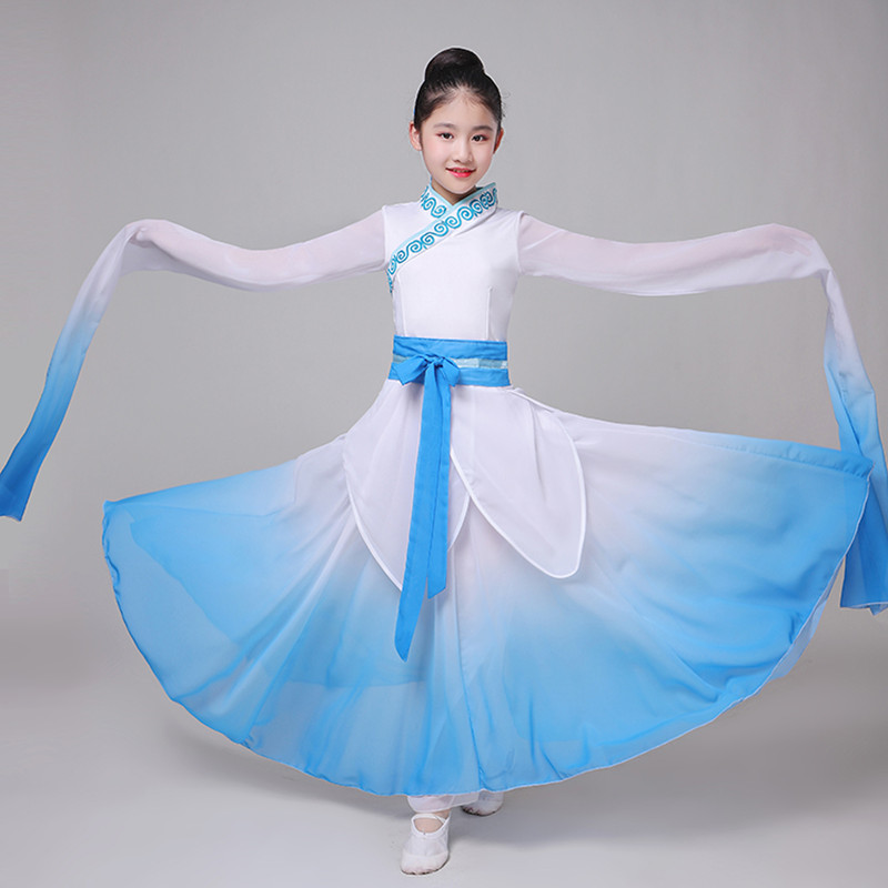 ancient traditional chinese kids girls pink blue hanfu water sleeves fairy dress Chinese folk dance costumes