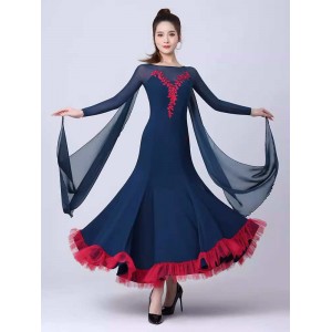 Ballroom dance dresses for women girls competition waltz tango navy with red black white float sleeves foxtrot smooth dance long gown for female 
