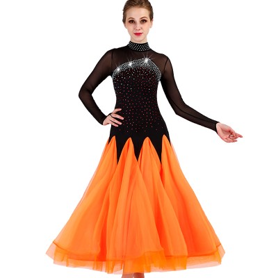 Ballroom dresses for women girls competition black and orange long sleeves diamond stage performance professional waltz tango dancing costumes dresses