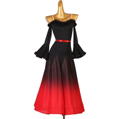 Black and red gradient colored ballroom dancing dresses for women girls long sleeves dew shoulder competition standard waltz tango flamenco dance long gown