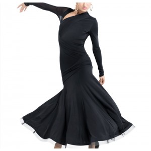 Black Ballroom Dance Dresses for women girls National standard dance long dress Long-sleeved slant neckline see-through hip modern waltz tango dance dress