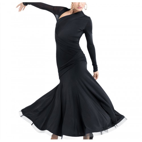 Black Ballroom Dance Dresses for women girls National standard dance long dress Long-sleeved slant neckline see-through hip modern waltz tango dance dress