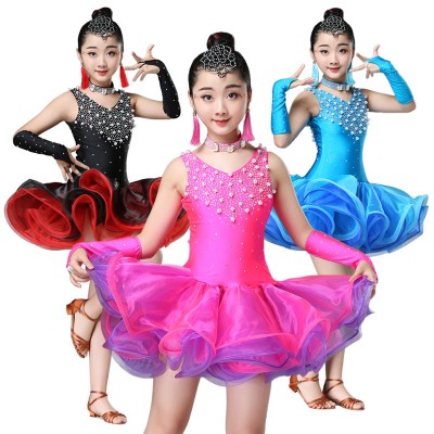 black blue rose Red latin dance dress for girls child latin dance competition dresses girls salsa latin dance costumes girls