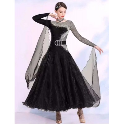 Black competition ballroom dance dresses for women girls professional gemstones foxtrot smooth dance long gown large swing skirts for lady 