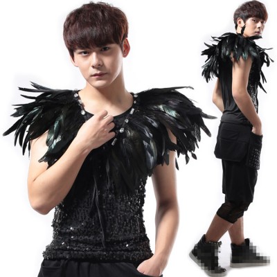 Black feather jazz dance capes men's male competition punk rock night club singers dj rap daning shawl