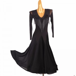Black gemstones fringed ballroom dance dresses for women girls tango waltz senior foxtrot smooth dance long gown for female