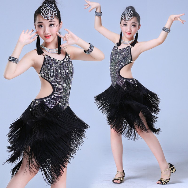 Black girls latin dresses  diamond  fringes competition professional stage performance salsa rumba chacha dance costumes