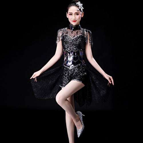 Black jazz dance dresses for women girls competition stage performance modern dance gogo dancers cosplay outfits costumes