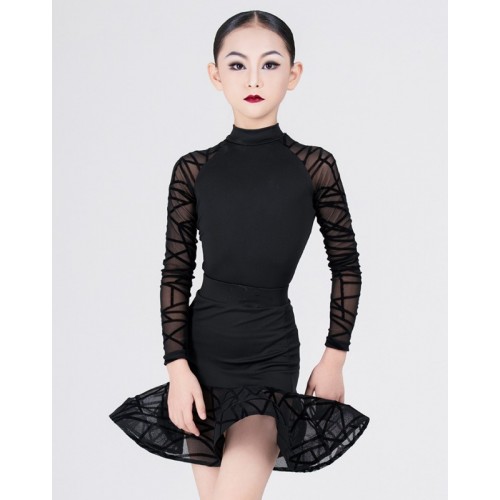 Black lace long sleeves ballroom latin dance dresses for kids girls children juvenile salsa ballroom latin dance costumes for girls