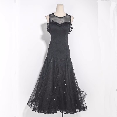 Black lace paillette tulle ballroom dance dresses for women girls waltz tango foxtrot smooth flamenco dancing long gown for lady