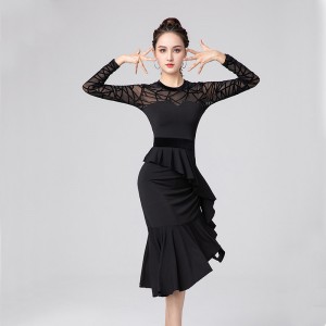 Black long sleeves Latin dance dresses for women latin Dance skirt latin rumba salsa ballroom competition practice dance clothes