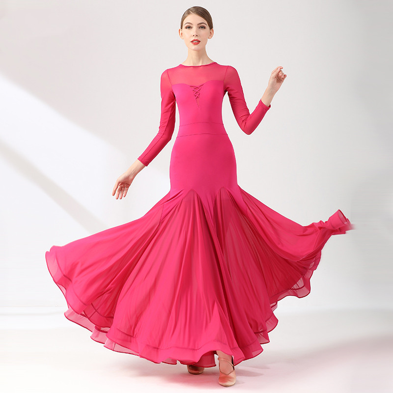 Black pink ballroom dance dresses for women girls long mesh sleeves waltz tango foxtrot smooth dance dress for ladies