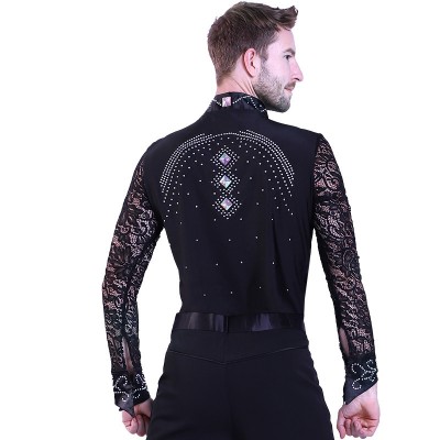Black red blue lace ballroom latin dance shirts for men competition rhinestones long sleeves waltz tango chacha flamenco dance body tops for male
