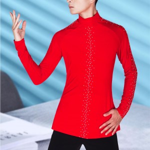 Black red colored Competition Latin ballroom dance tops with diamond for men youth modern waltz tango dance long-sleeved stage performance tops for male
