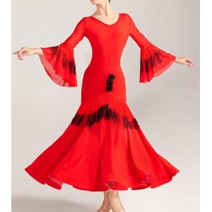 Black red fringe ballroom dance dresses for women girls tango foxtrot smooth foxtrot rhythm dance long gown for female