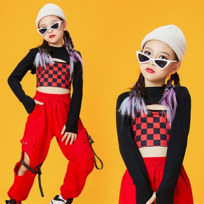 Black red plaid England style jazz Street dance costumes for girls kids hip-hop children model show walking tide clothing New Year's Day performance outfits
