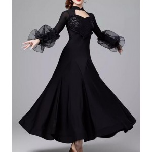 Black red purple sequins ballroom dance dresses for women girls lantern long sleeves flowy tango foxtrot smooth dance long gown back with bowknot for female