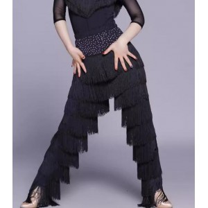 Black red royal blue fringe competition latin dance pants for women young girls tango ballroom salsa chacha rumba dancing long trousers for female