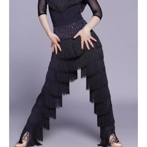 Black red royal blue fringe competition latin dance pants for women young girls tango ballroom salsa chacha rumba dancing long trousers for female