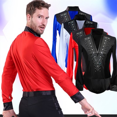 Black red royal blue latin dance shirts for men v  neck long sleeves stage performance waltz tango flamenco ballroom dance body tops shirts