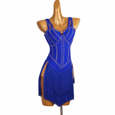 Black red royal blue orange yellow competition fringe latin dance dresses  for women girls sleeveless salsa rumba chacha stage performance costumes for female