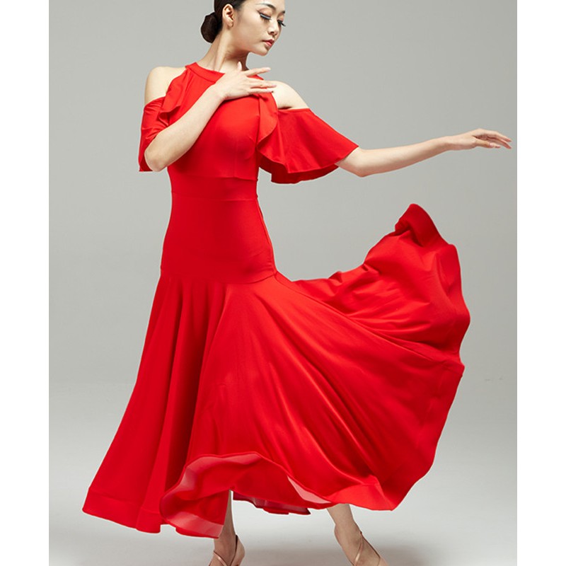 Black red ruffles neck ballroom dancing dresses for women girls waltz tango foxtrot smooth dance long gown for female