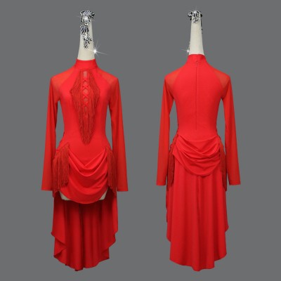 Black red tassels long sleeves latin ballroom dance dresses for women girls Salsa Cha Cha Modern Dance Costumes For Female