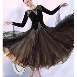 Black red velvet with lace competition ballroom dance dress for women girls waltz tango foxtrot smooth dance long gown with float sleeves for female