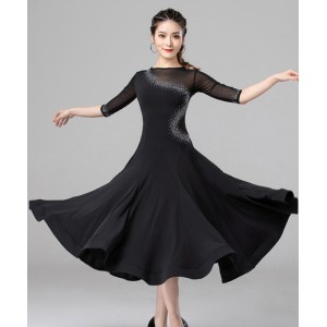 Black rhinestones competition ballroom dance dresses for women girls waltz tango dance costumes foxtrot smooth dance skirts 
