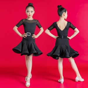 Black short sleeves latin dance dresses for girls kids children ballroom latin dance outfits for kids 