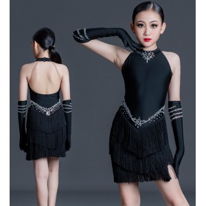 Black Tassels with Gemstones competition Latin Dance Dresses for Girls Kids Latin Ballroom Dancing Costumes for Baby Flowy Fringe Dance Clothing with gloves