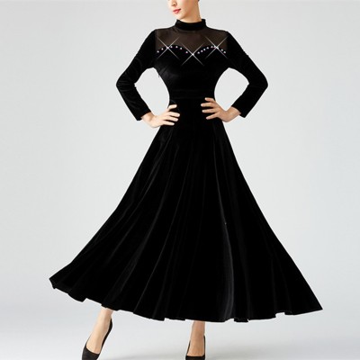 Black velvet competition ballroom dance dress for women girls long sleeves with diamond professional waltz tango long dress for female