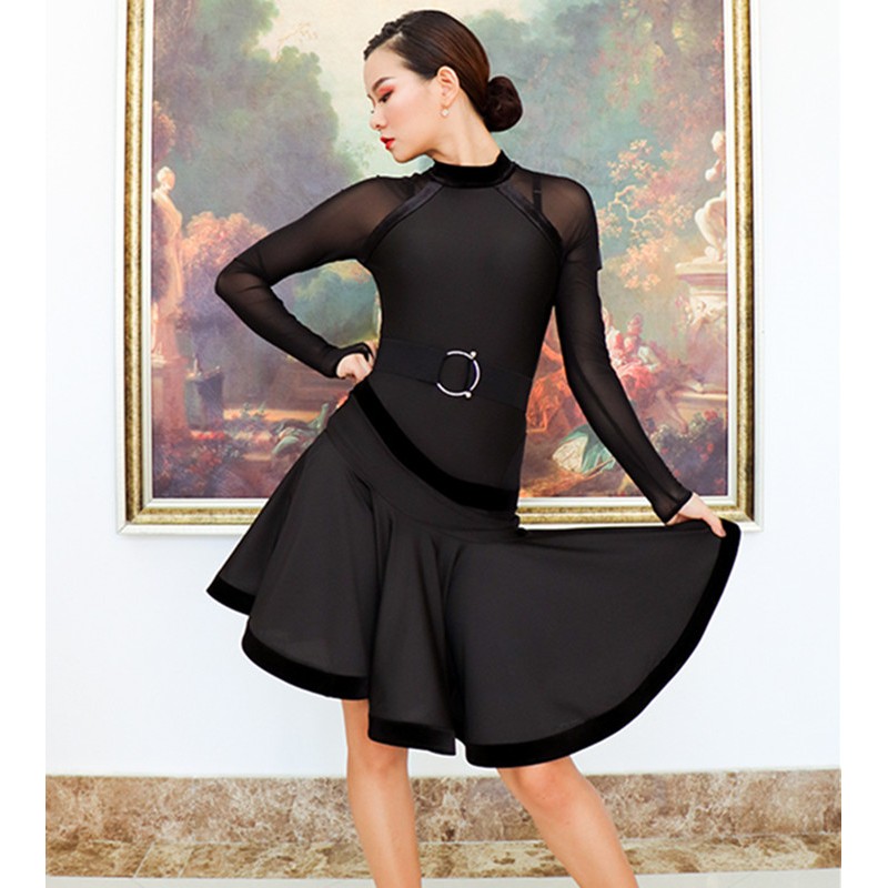black velvet Latin Dance dress for women high neck irregular skirts  long-sleeved rumba salsa dance dresses Latin practice clothes