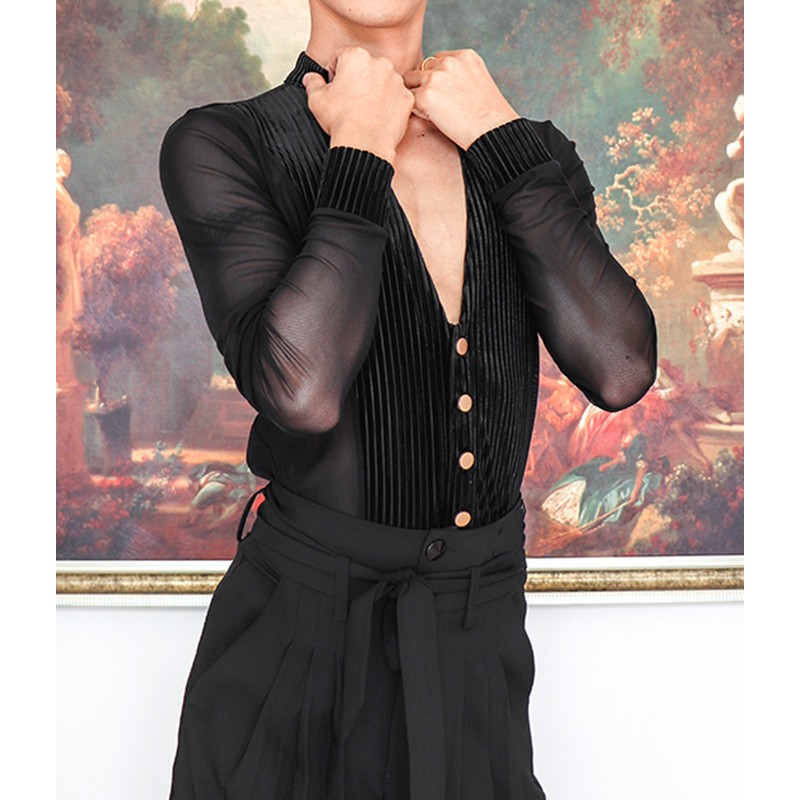 Black velvet stripe Latin Dance shirts for women youth long-sleeved v nevk Modern ballroom waltz tango flamenco dance body tops for man