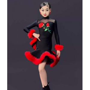 Black velvet with red feather rose flowers latin dance dresses for girls kids salsa rumba chacha latin stage performane skirts for children
